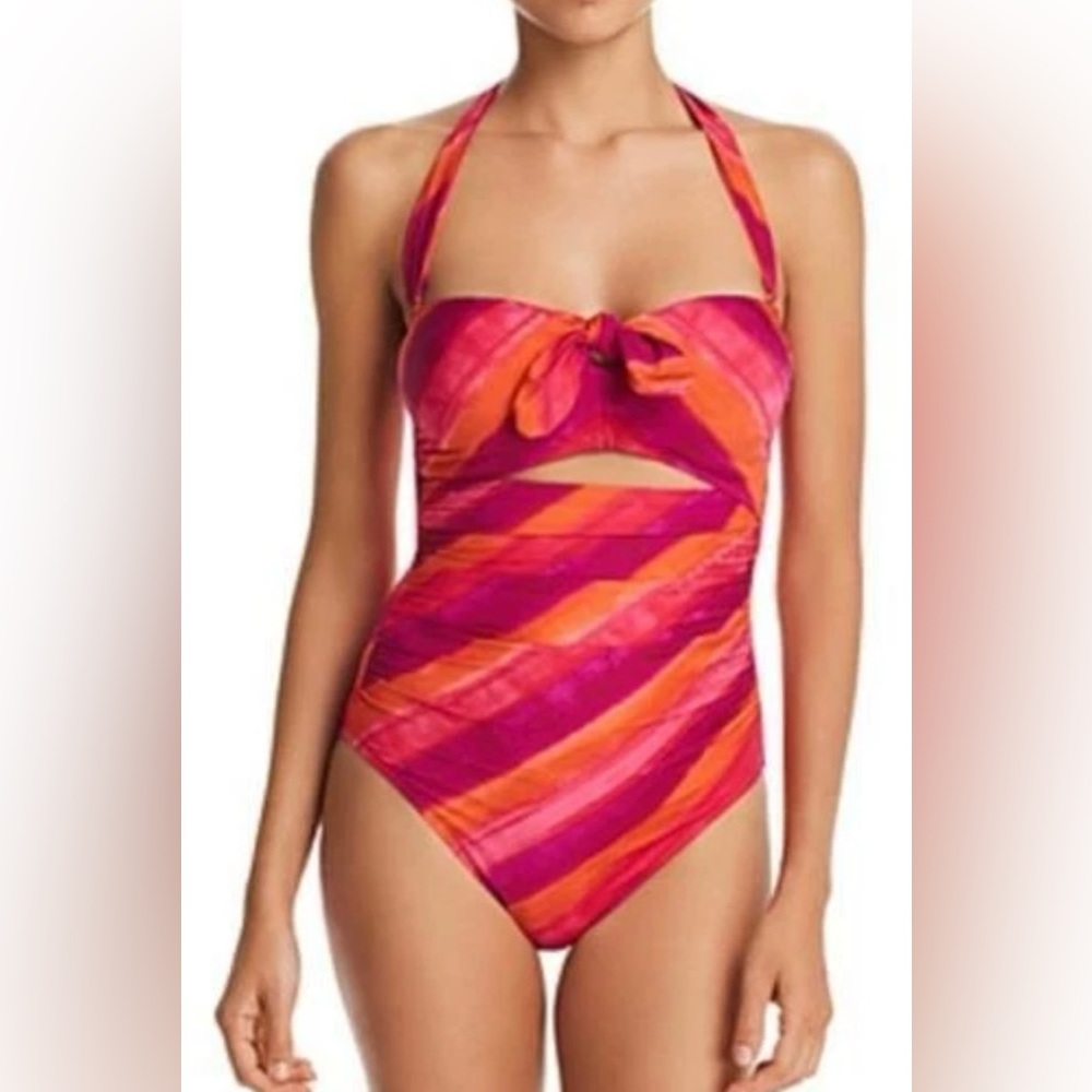 NWT Ralph Lauren 10 Tie Front Stripe Halter Key‎ Hole 1pc Swimsuit